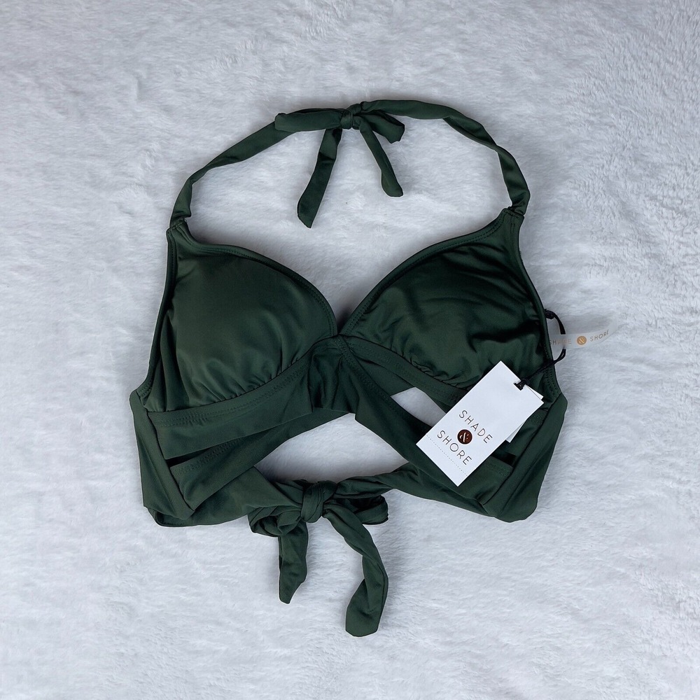 Shade & Shore Bikini Top Womens XS Dark Green Triangle Bralette Faux Wrap Halter